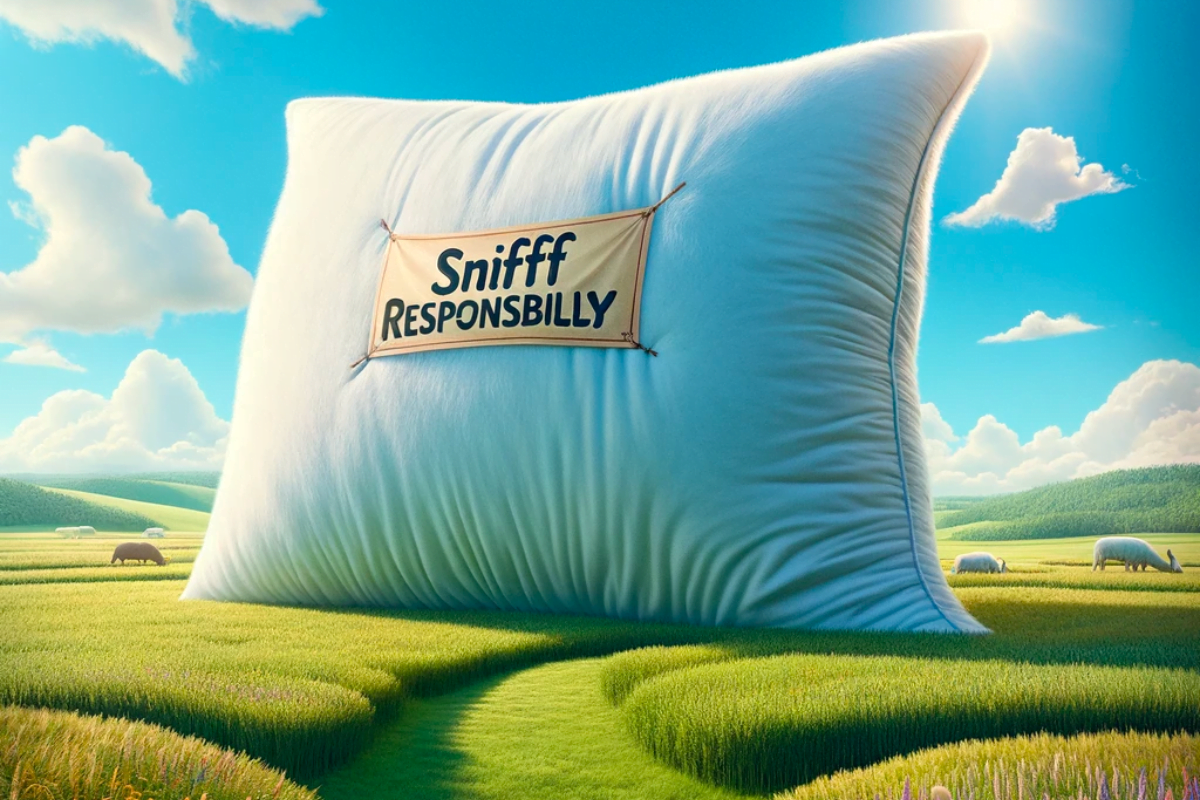 A whimsical scene of a giant pillow in a sunny field under a clear blue sky, with a banner fluttering that reads 'Sniff Responsibly', reminding us to find balance.