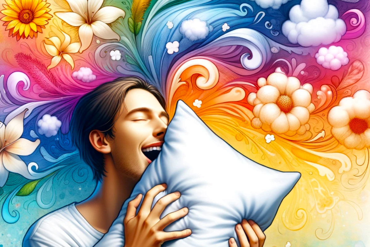 A content person enjoys sniffing their pillow, enveloped by comforting scents such as floral, fresh laundry, and perfume, highlighting the deep emotional connection to the familiar smell.